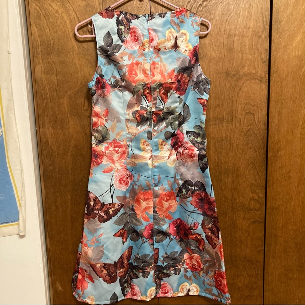 NWOT one of a kind custom satin butterfly and roses print shift dress 60s style - Picture 2 of 5